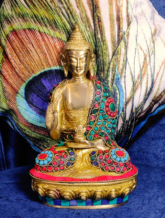 Brass Buddha Statue with Intricate Hand Crafting and Stone Work