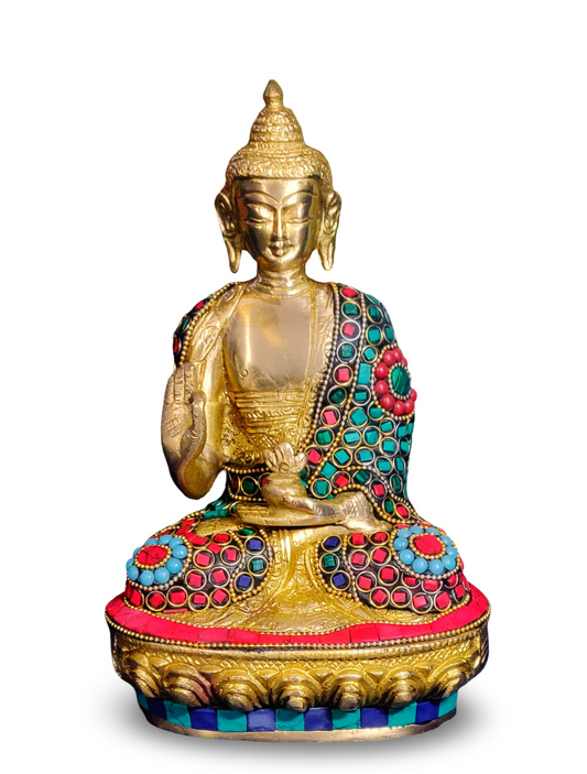 Brass Buddha Statue with Intricate Hand Crafting and Stone Work